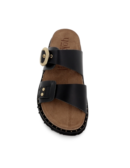 Sandalia zueco piel con hebilla y suela ergonomica mujer negro