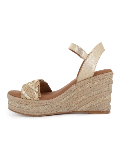 Alpargata yute con bandeleta piel lisa cuña mujer dorada