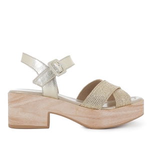 Sandalia piel y tiras con hebilla mujer dorado