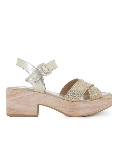 Sandalia piel y tiras con hebilla mujer dorado