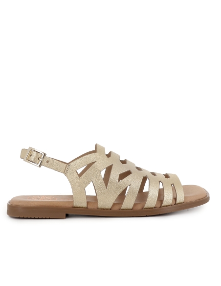 Sandalia abotinada piel calados con hebilla y plana mujer dorado