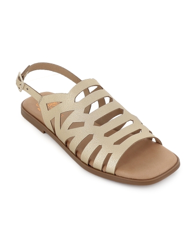 Sandalia abotinada piel calados con hebilla y plana mujer dorado