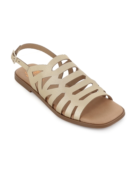 Sandalia abotinada piel calados con hebilla y plana mujer dorado