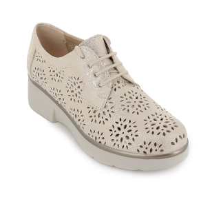 Zapato cordones piel picados florales cuña baja mujer dorado 2