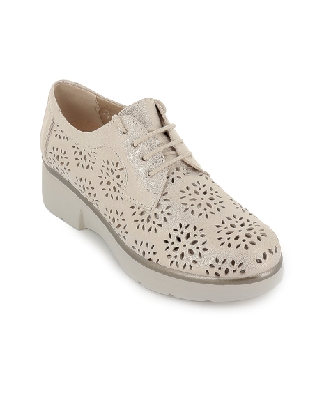 Zapato cordones piel picados florales cuña baja mujer dorado