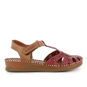 Sandalia cangrejera piel picados velcro cuña baja mujer rojo