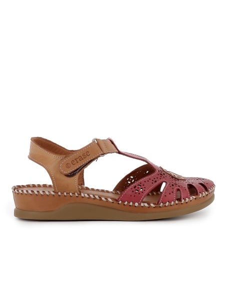 Sandalia cangrejera piel picados velcro cuña baja mujer rojo