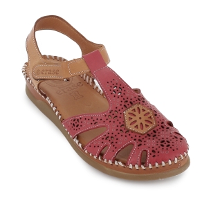 Sandalia cangrejera piel picados velcro cuña baja mujer rojo 2