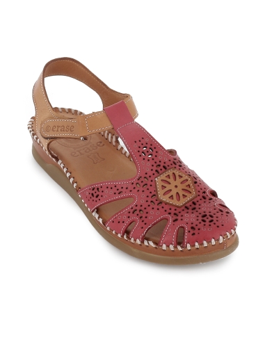 Sandalia cangrejera piel picados velcro cuña baja mujer rojo