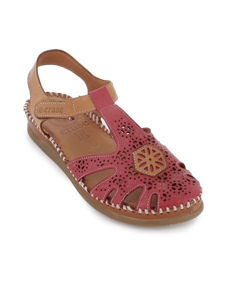 Sandalia cangrejera piel picados velcro cuña baja mujer rojo