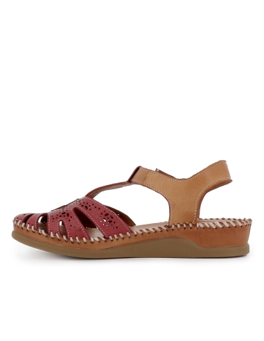 Sandalia cangrejera piel picados velcro cuña baja mujer rojo