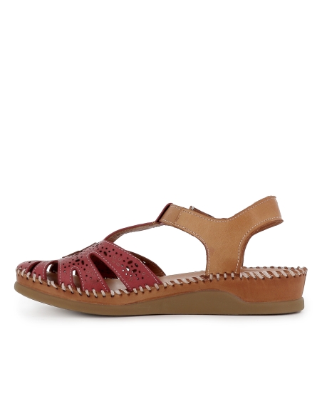 Sandalia cangrejera piel picados velcro cuña baja mujer rojo