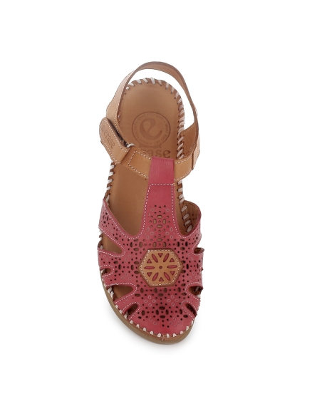 Sandalia cangrejera piel picados velcro cuña baja mujer rojo