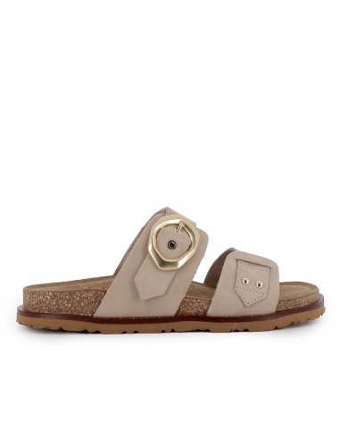Sandalia zueco piel con hebilla y suela ergonomica mujer beige
