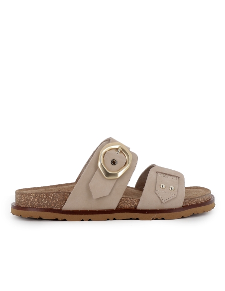 Sandalia zueco piel con hebilla y suela ergonomica mujer beige