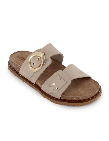 Sandalia zueco piel con hebilla y suela ergonomica mujer beige