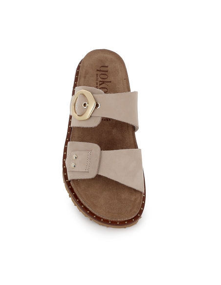 Sandalia zueco piel con hebilla y suela ergonomica mujer beige