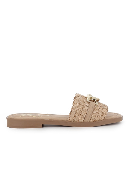 Zueco rafia eslabones plantilla gel y flexible plano mujer beige