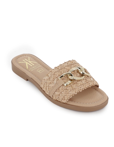 Zueco rafia eslabones plantilla gel y flexible plano mujer beige