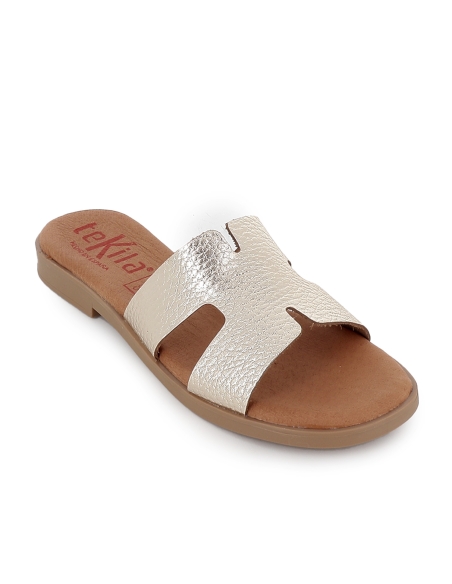 Zueco piel plantilla gel comoda y flexible plano mujer dorado