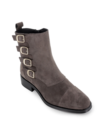 Botín piel serraje gris hebillas mujer