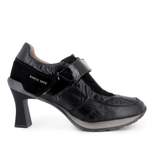 Deportiva piel combi y nylon velcro tacon carrete mujer negro
