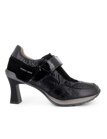 Deportiva piel combi y nylon velcro tacon carrete mujer negro
