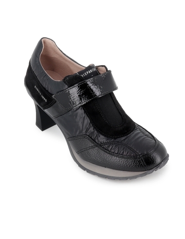 Deportiva piel combi y nylon velcro tacon carrete mujer negro