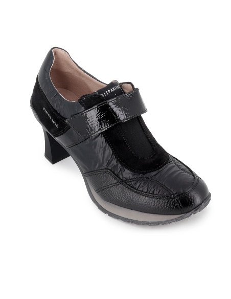 Deportiva piel combi y nylon velcro tacon carrete mujer negro