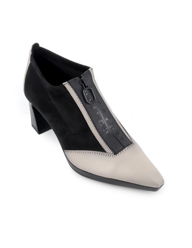 Zapato elastico piel y licra cremallera y tacon mujer negro