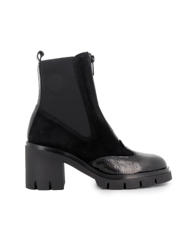 Botin chelsea piel charol y serraje cremallera tacon mujer negro