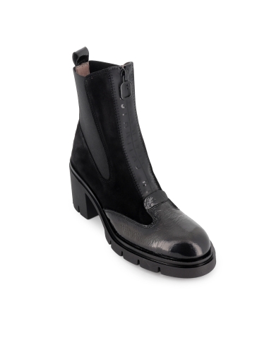 Botin chelsea piel charol y serraje cremallera tacon mujer negro
