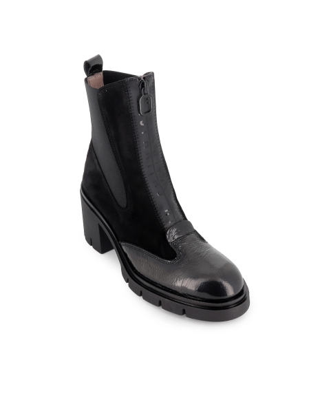 Botin chelsea piel charol y serraje cremallera tacon mujer negro