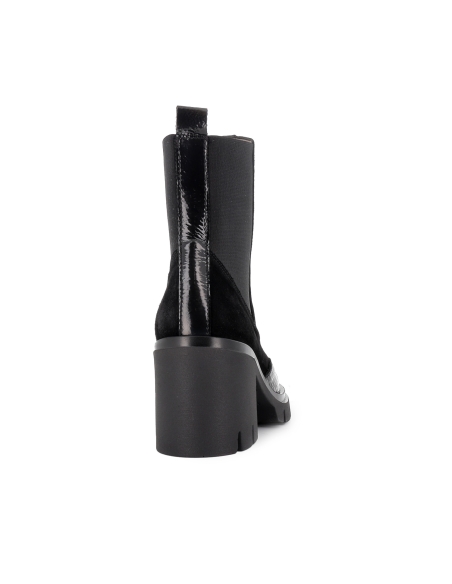 Botin chelsea piel charol y serraje cremallera tacon mujer negro