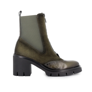 Botin chelsea piel charol y serraje cremallera tacon mujer verde