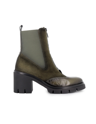 Botin chelsea piel charol y serraje cremallera tacon mujer verde