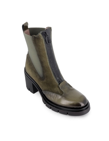 Botin chelsea piel charol y serraje cremallera tacon mujer verde
