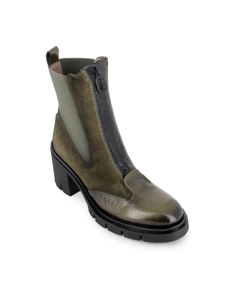 Botin chelsea piel charol y serraje cremallera tacon mujer verde