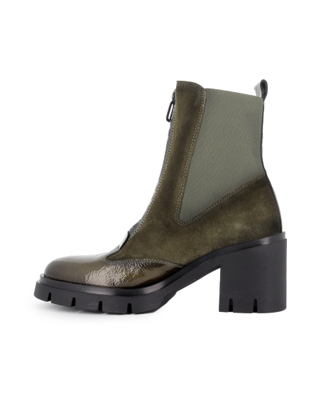Botin chelsea piel charol y serraje cremallera tacon mujer verde