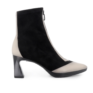 Botin piel y licra cremallera y tacon punta fina mujer negro