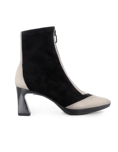 Botin piel y licra cremallera y tacon punta fina mujer negro