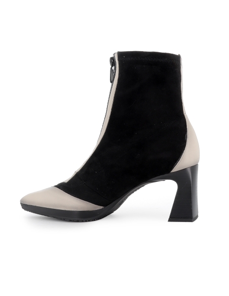 Botin piel y licra cremallera y tacon punta fina mujer negro