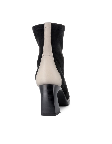 Botin piel y licra cremallera y tacon punta fina mujer negro