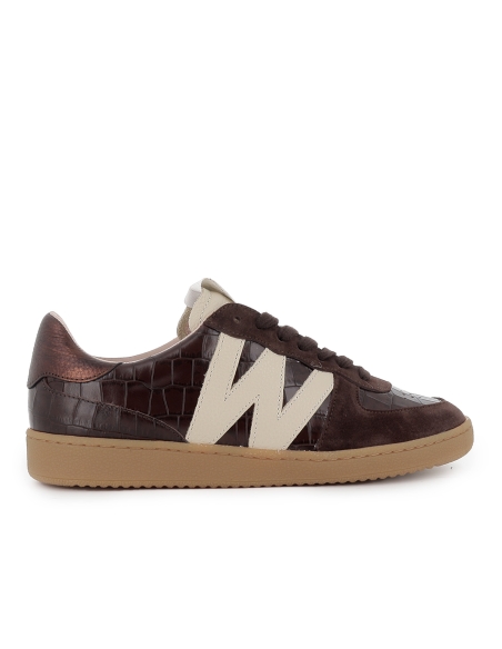 Deportiva piel print print animal y cordones mujer marron