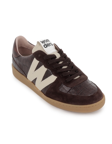 Deportiva piel print print animal y cordones mujer marron