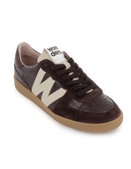 Deportiva piel print print animal y cordones mujer marron