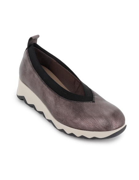 Bailarina piel con corte en V elasticos y cuña mujer plateado