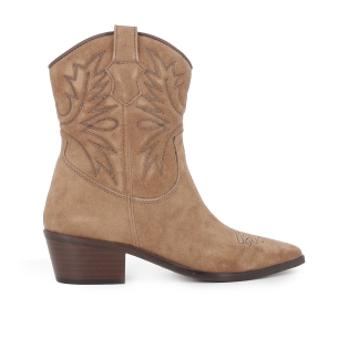 Botin tejana piel bordados tacon cubano mujer taupe