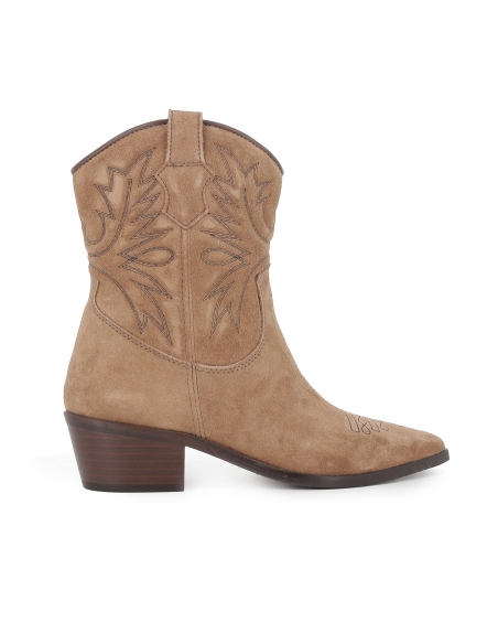 Botin tejana piel bordados tacon cubano mujer taupe