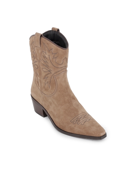 Botin tejana piel bordados tacon cubano mujer taupe